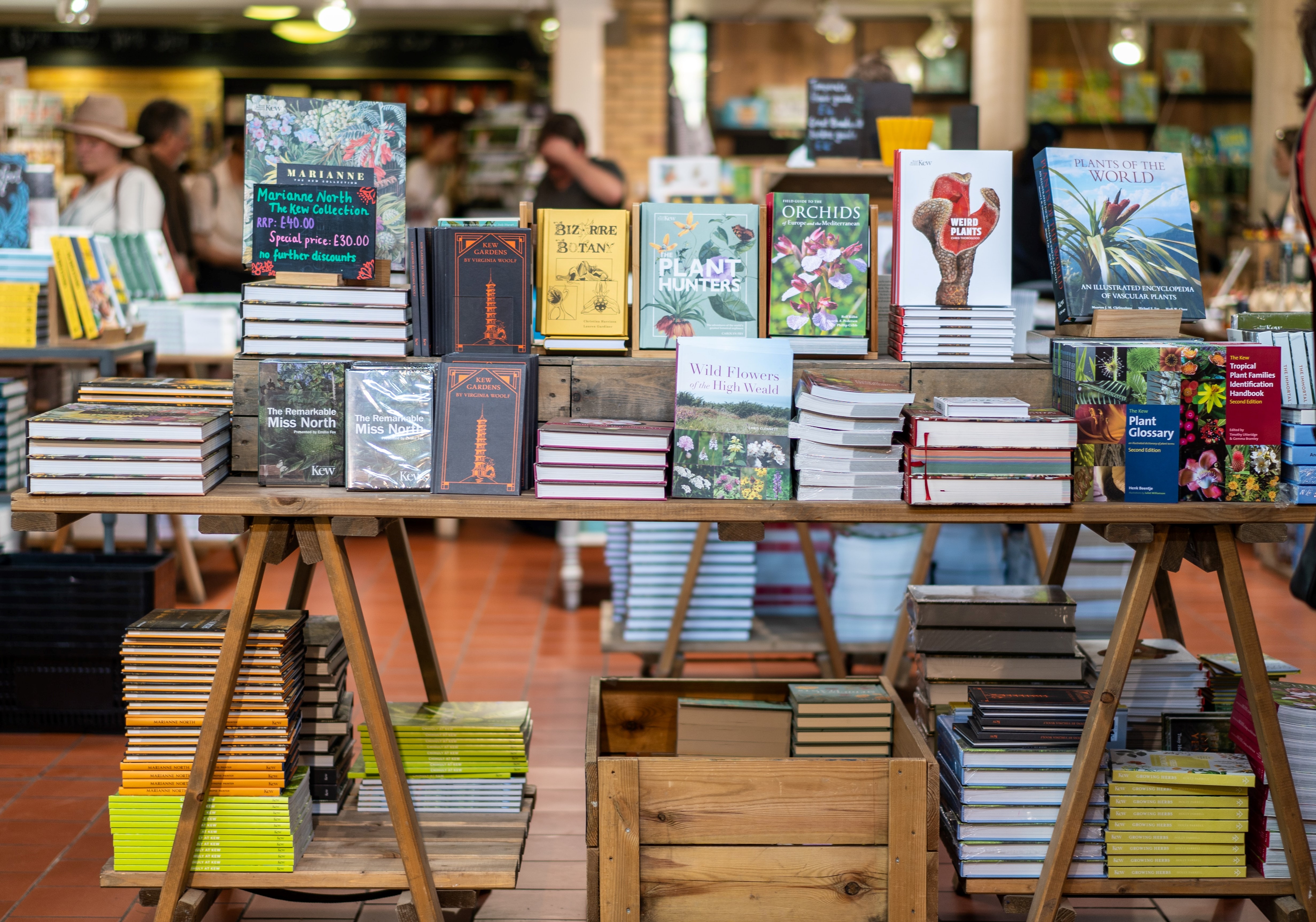 Photograph. A lot of different books on shelves and tables. The quantity of each book and how it is displayed varies.