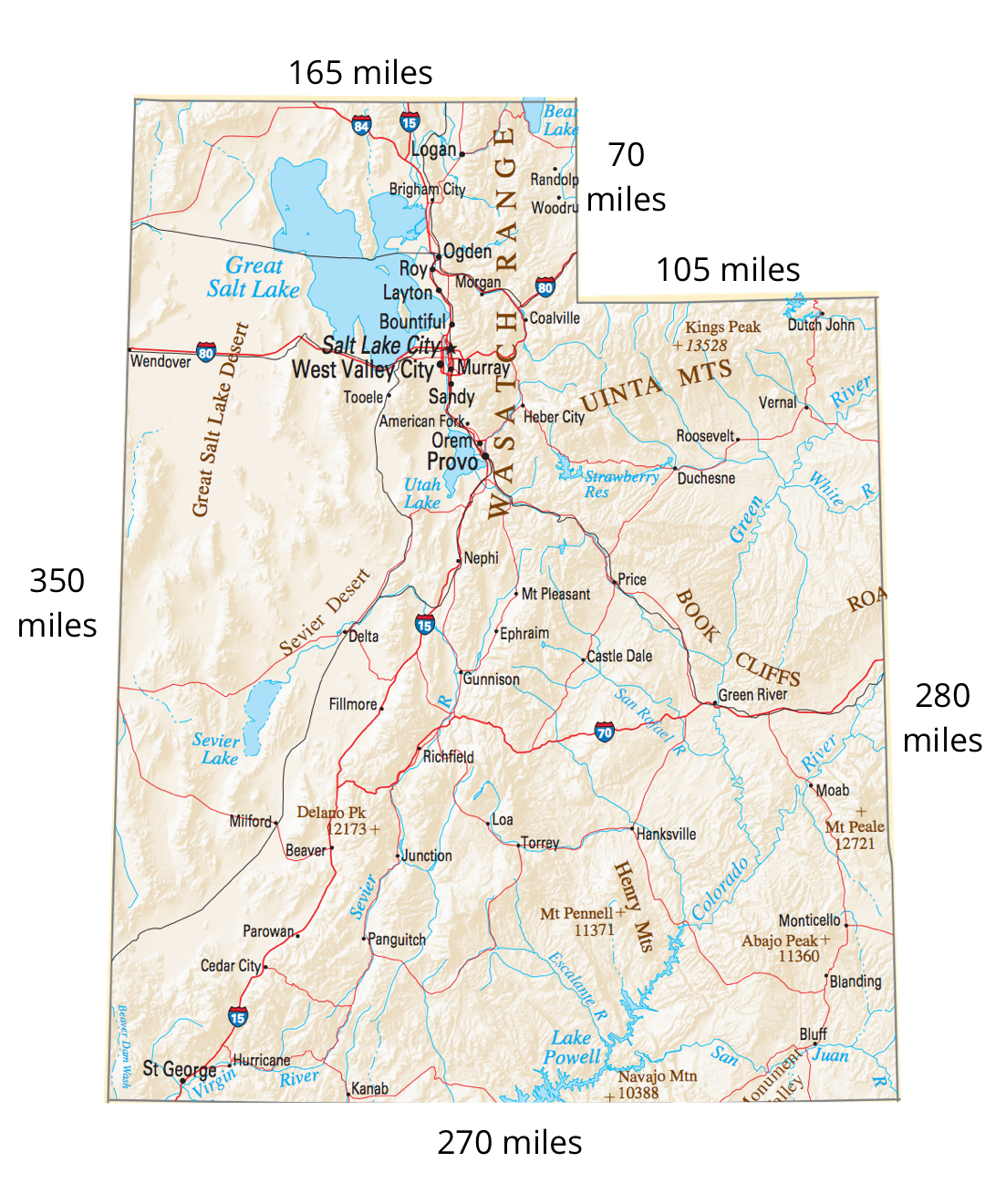 <p>A map of Utah with dimensions</p>
