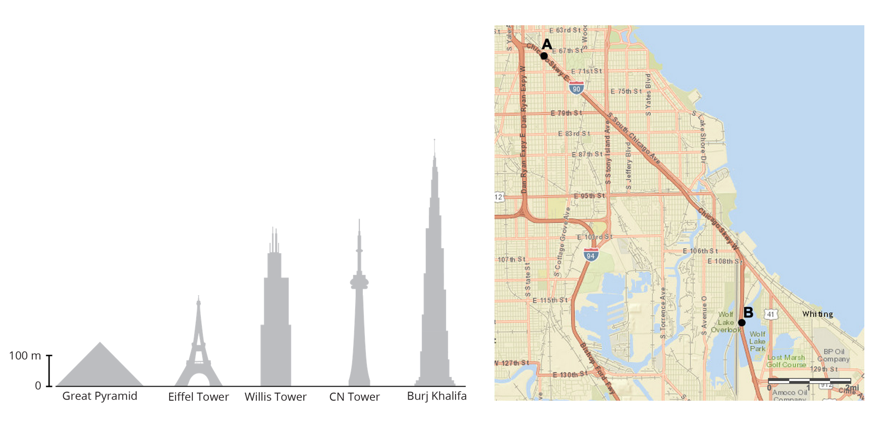<p>Two images of scale drawings. Buildings on left map on right.</p>
