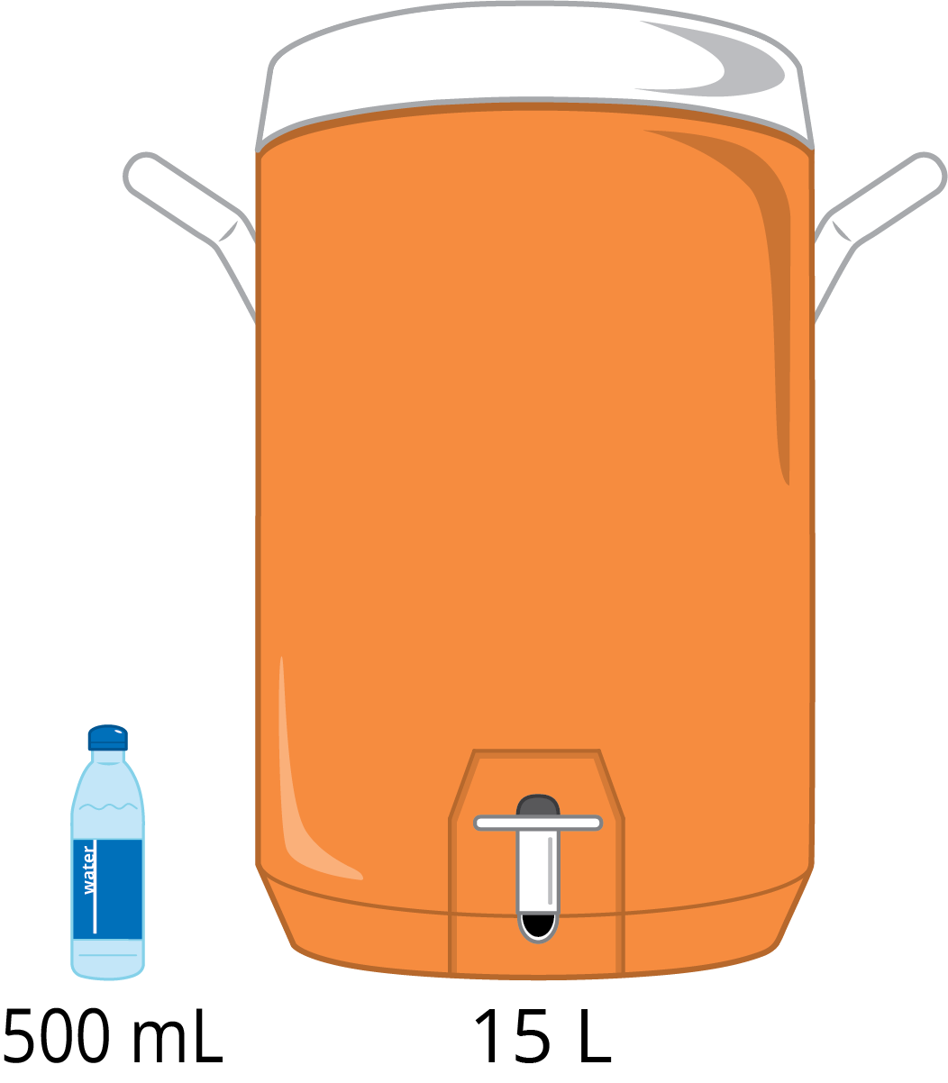 image of water bottle, 500 milliliters. water cooler, 15 liters.