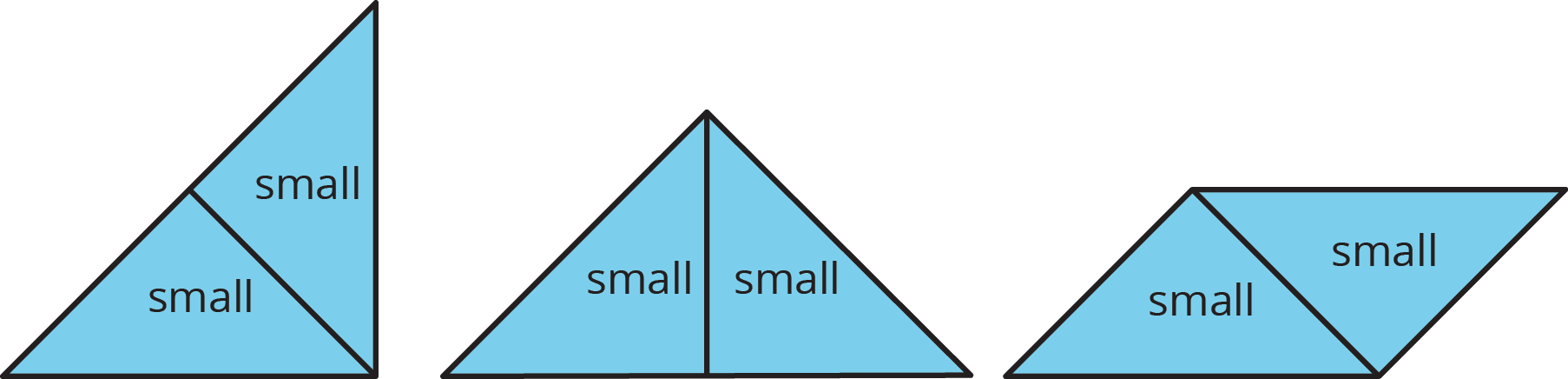 Three figures, each a different arrangement to two small tangram triangles.