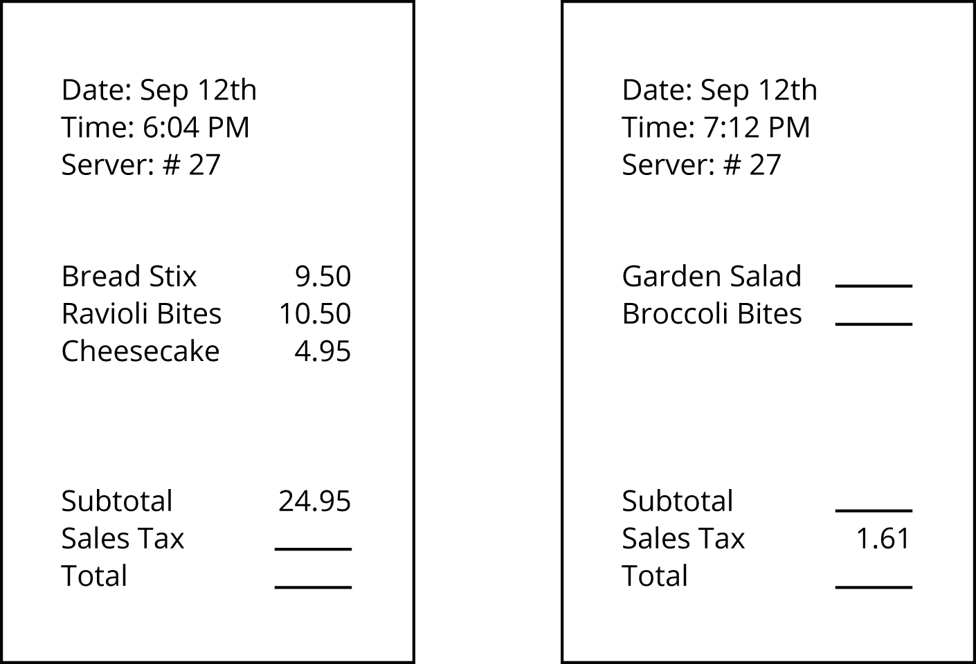 <p>Two printed receipts with some information left blank.</p>
