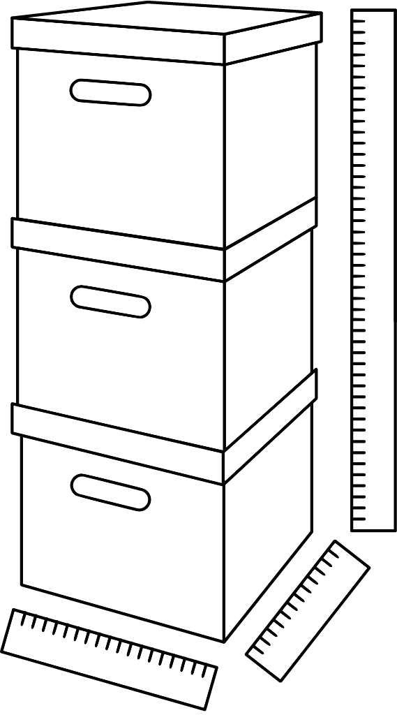 <p>3 boxes stacked vertically, rulers along length, width, and height</p>
