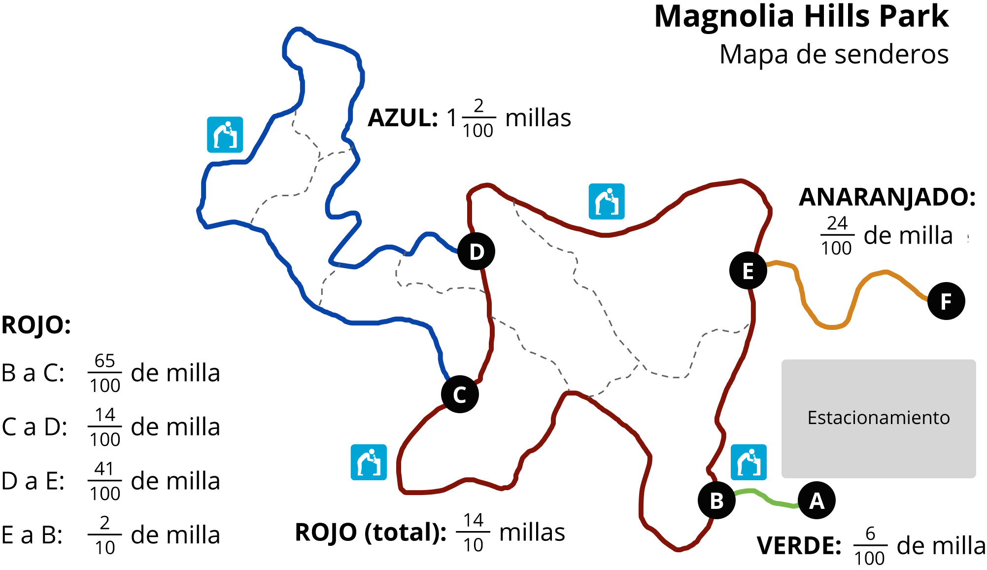 Map. Magnolia Hills Park, Trail Map. Red, Blue, Orange, Green Trails. 