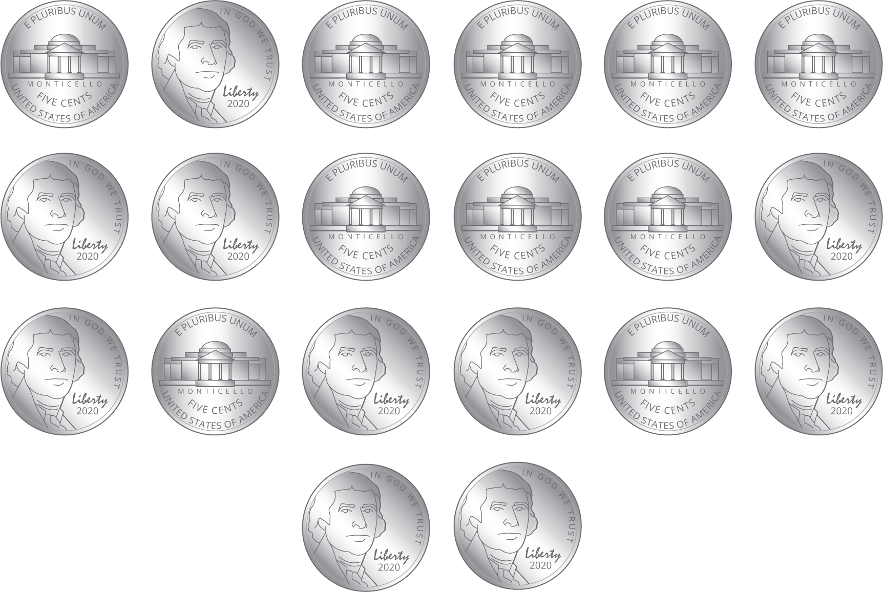 20 nickels. 10 showing front side. 10 showing back side.
