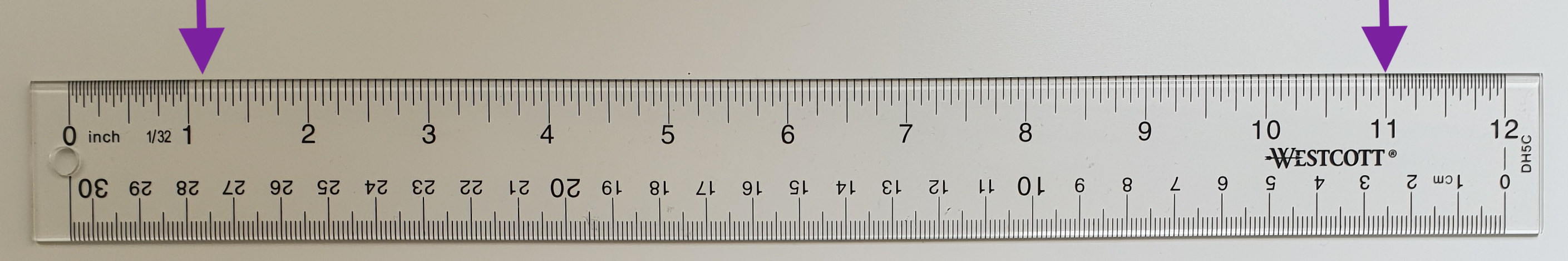 <p>Image of ruler. Arrow at 1 and one eighth inches and 11 inches.</p>
