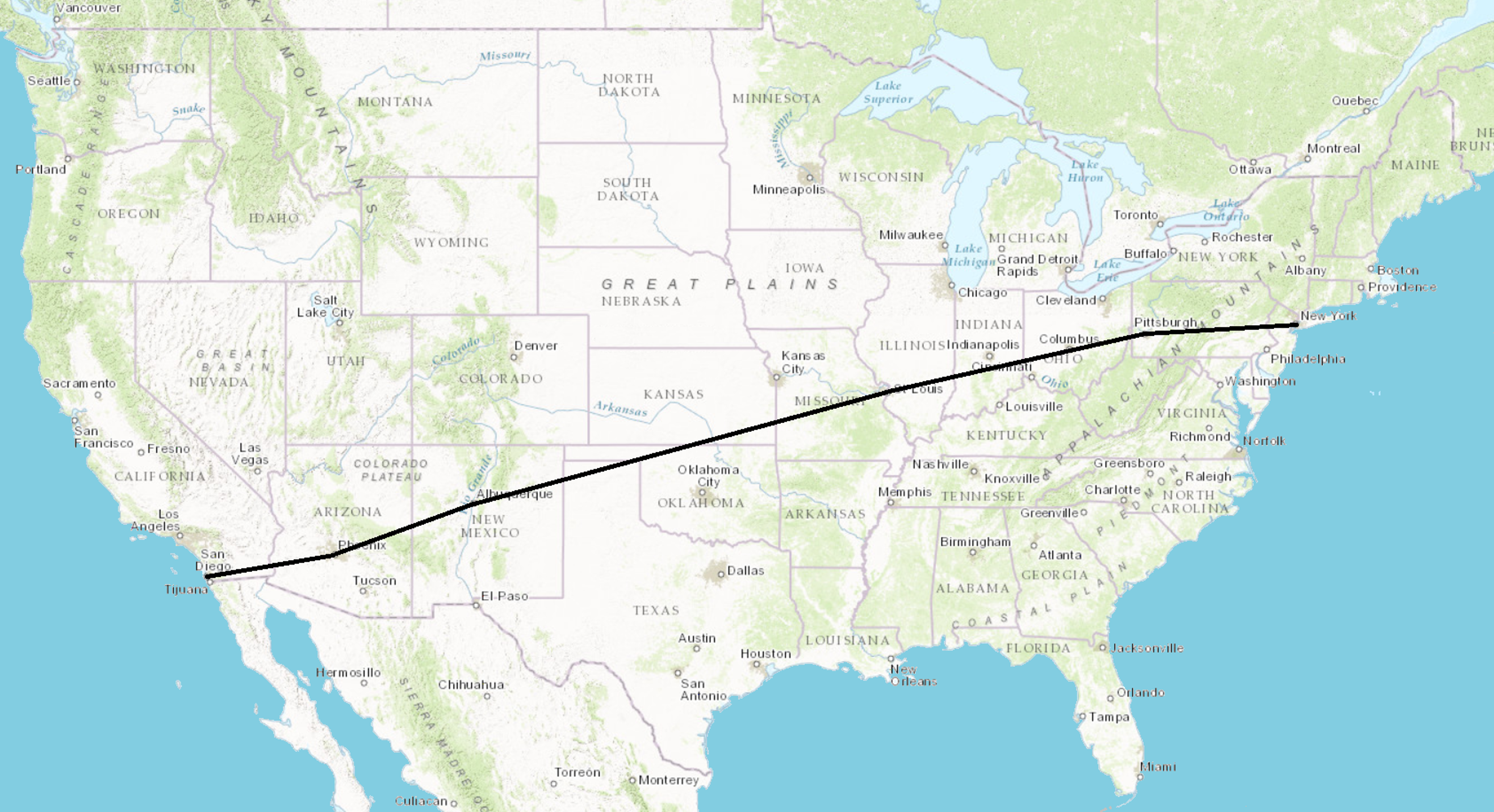 <p>A United States map with 5 segments representing the distance a plane flew.</p>
