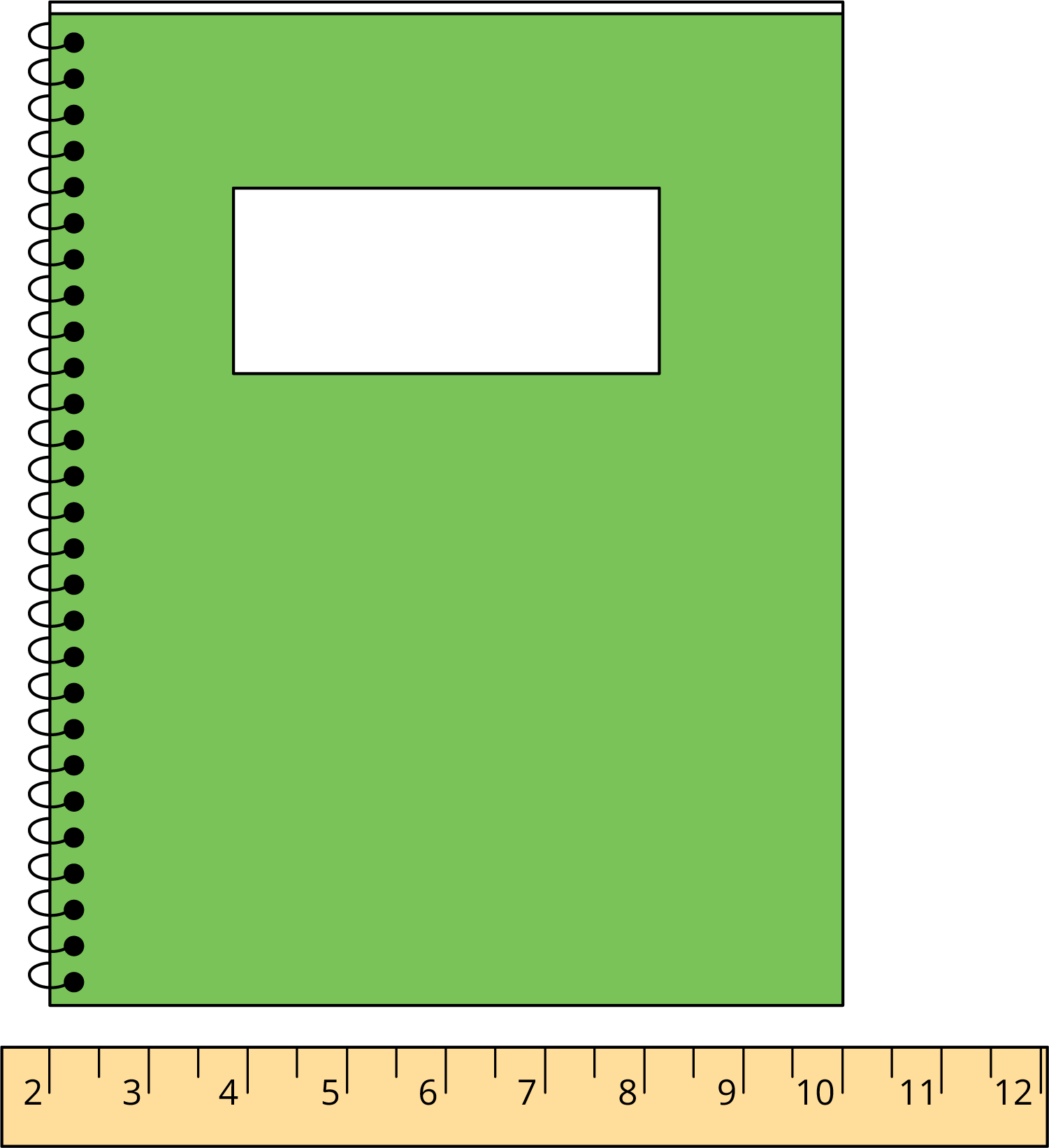 Ruler measuring short side of spiral notebook.