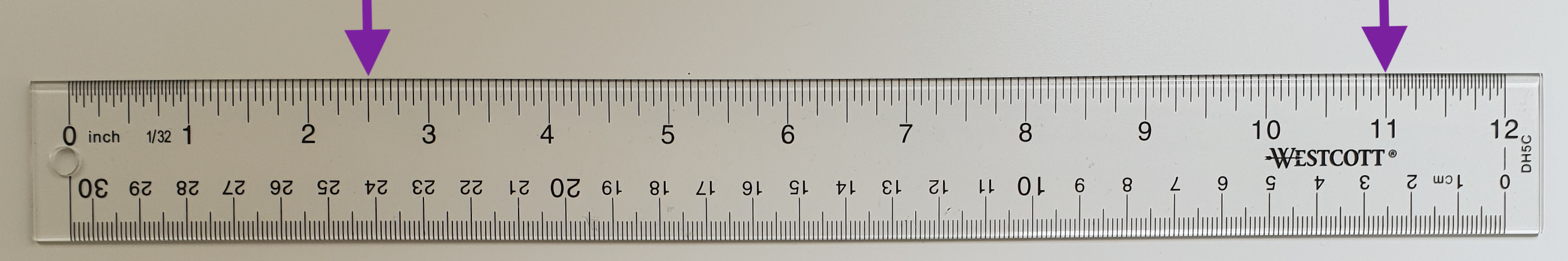 <p>Image of ruler. Arrow at 2 point 5 inches and 11 inches.</p>

