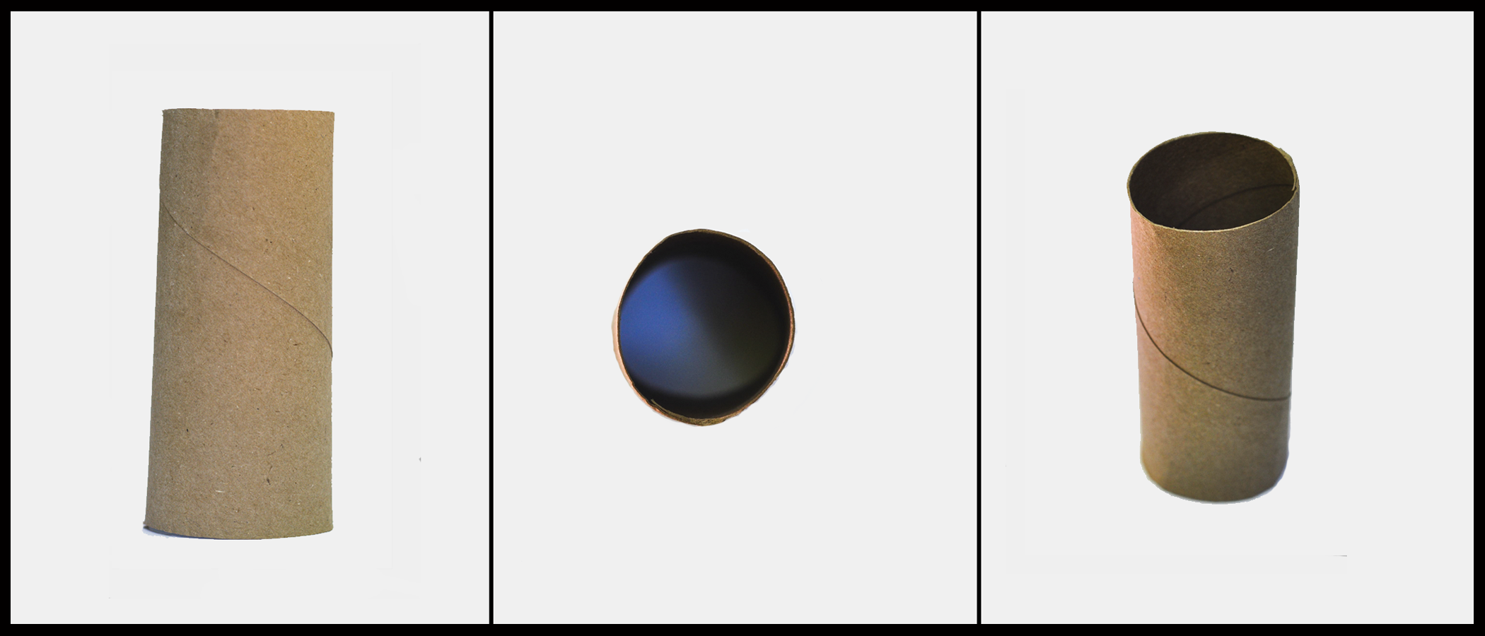 <p>Three different views of a circular shaped toilet paper tube. </p>
