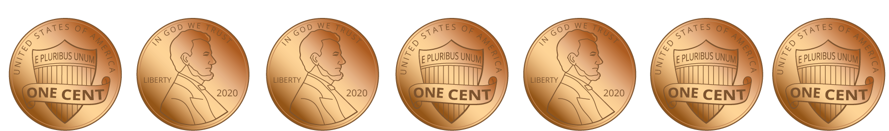  7 pennies. 3 front, 4 back.