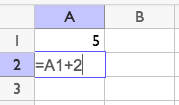 <p>A spreadsheet with rows 1 to 3 and column A. A 1 contains 5. A 2 contains "equals A 1 plus 2" and has a blue border. A 3 is blank.</p>
