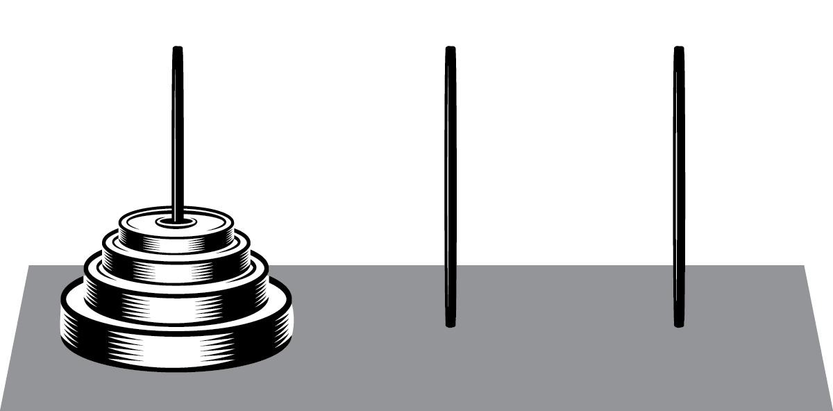 <p>Three vertical pegs. On the first peg, 4 stacked discs, increasing in size from top to bottom.</p>
