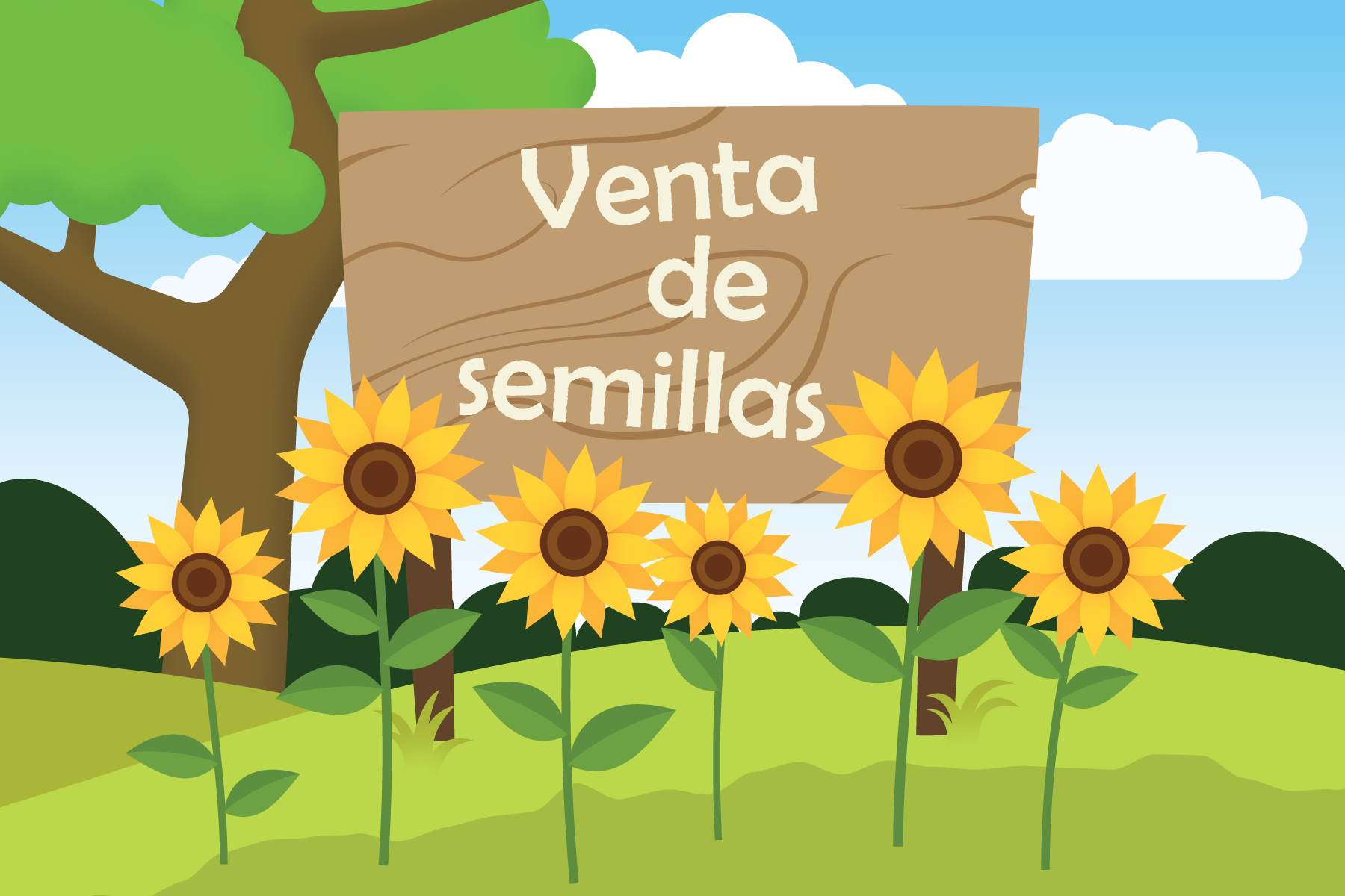 Sign that says Seeds Sold Here, with sunflowers in front of it.