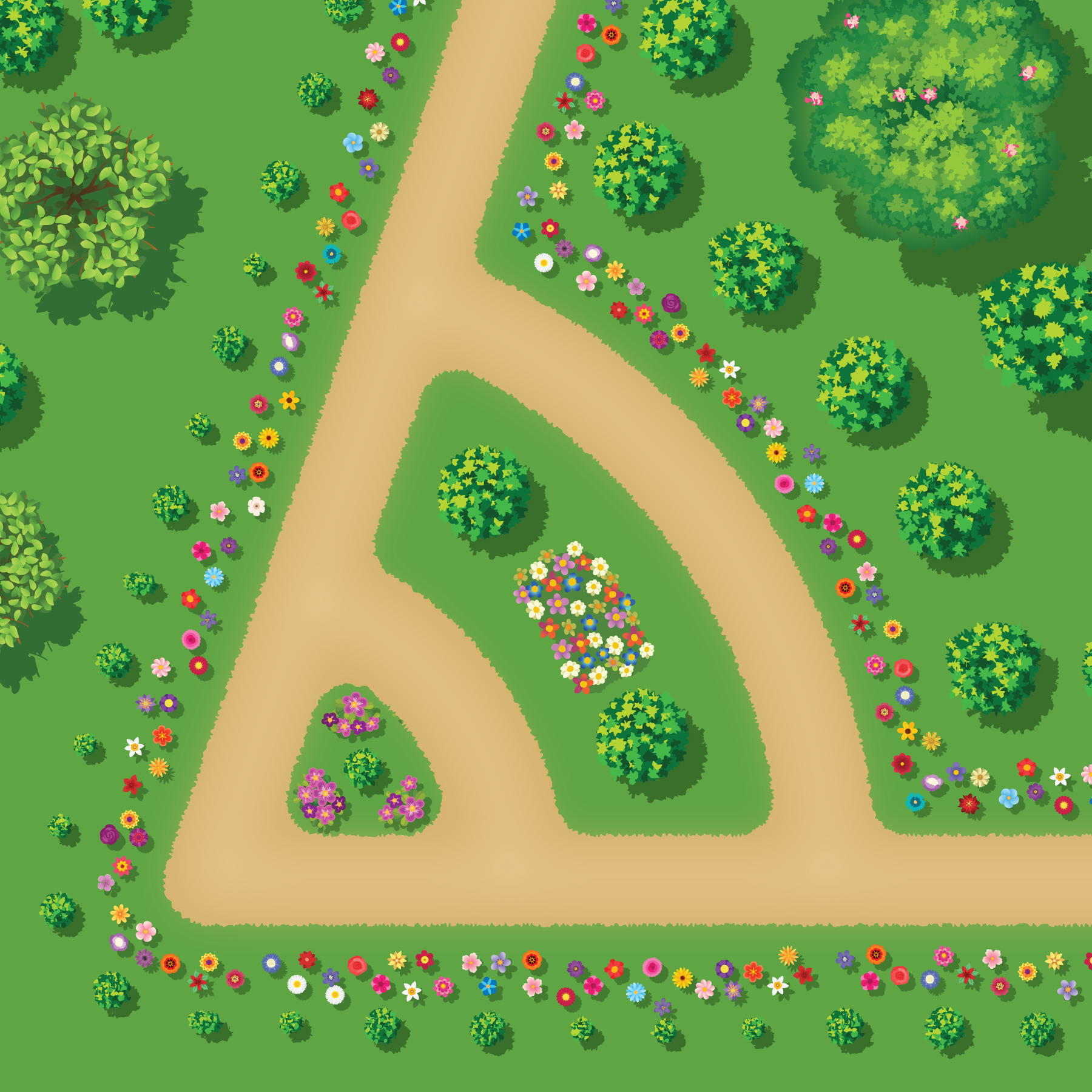 Overhead view of a park with a garden. Some of the paths through the garden are shaped like circular arcs.
