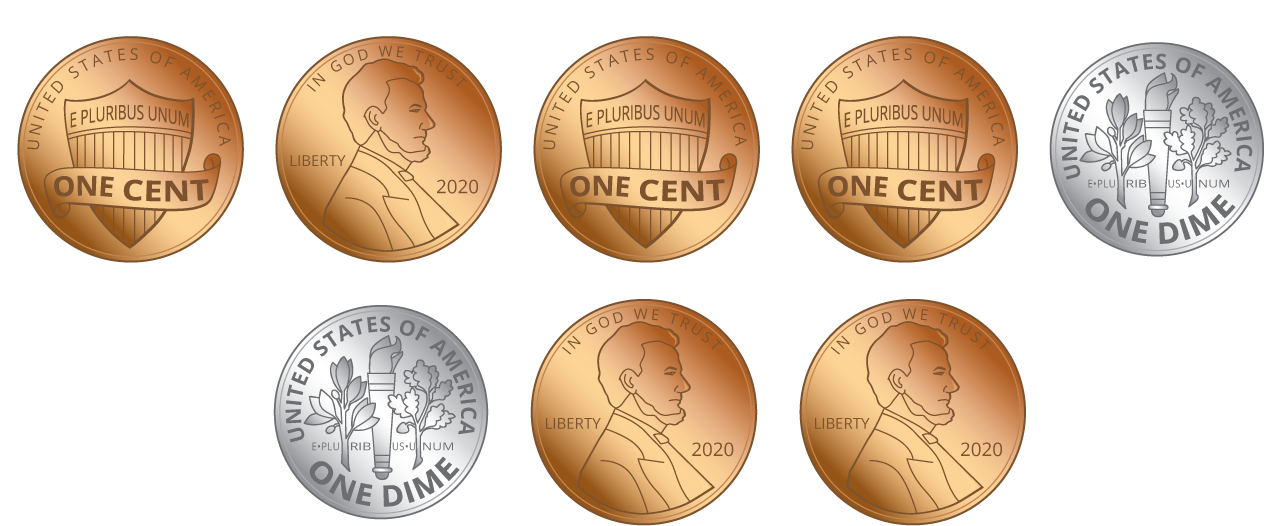 6 pennies. 3 showing front, 3 showing back. 2 dimes, showing back.
