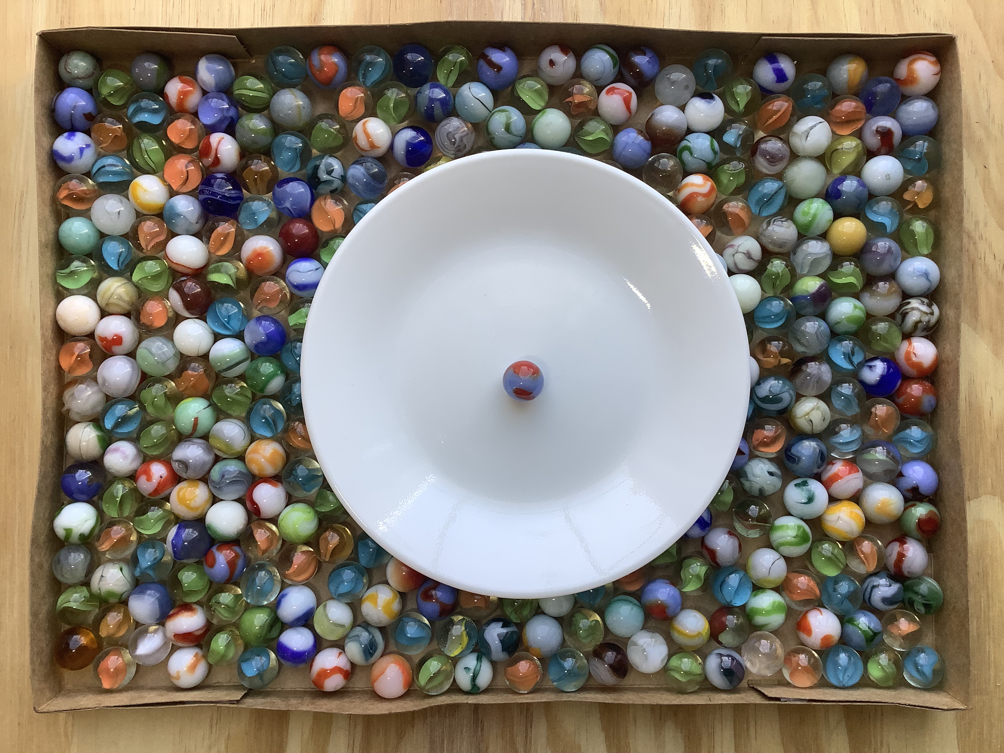 <p>A picture of a tray covered with one layer of marbles. On top of the marbles is a circular plate with 1 marble placed in the center of the plate.</p>
