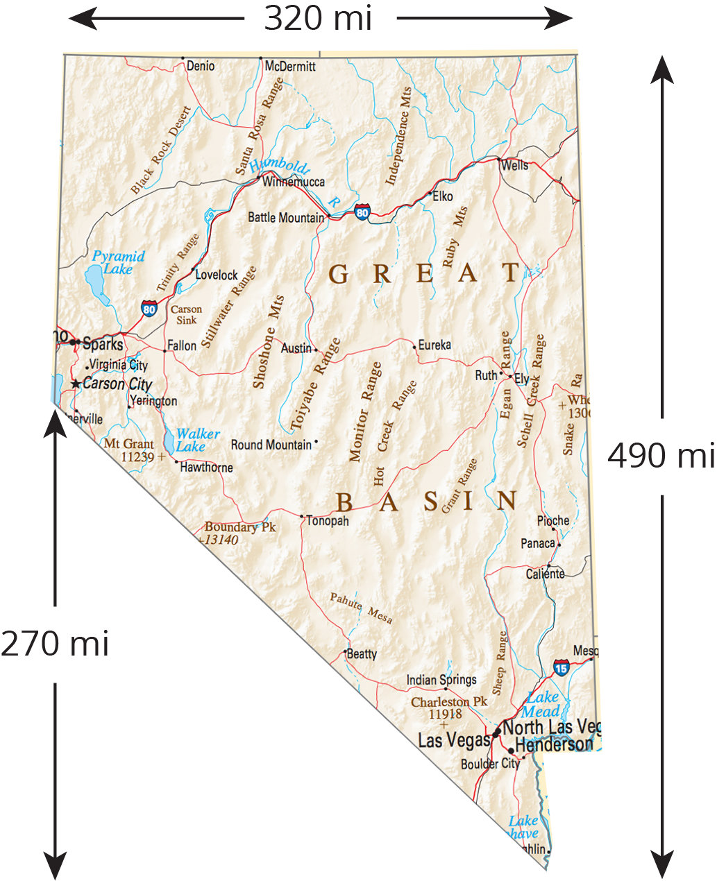 <p>Map of Nevada. Top side labeled with length, 320 mi. Right side labeled with length, 490 mi. Left side where angle begins labeled with length, 270 mi. </p>
