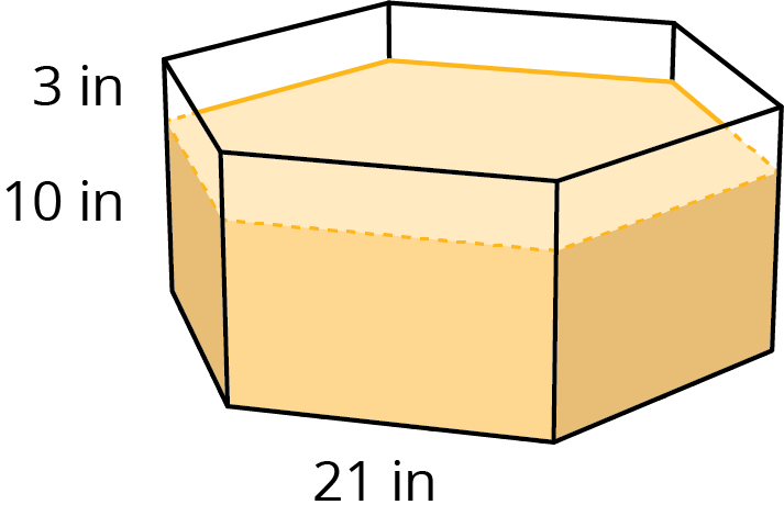 <p>A tank with a regular hexagon for the base, each side 21 inches. The tank is filled with 10 inches of sand, and there are 3 inches of tank left above the level of the sand.</p>
