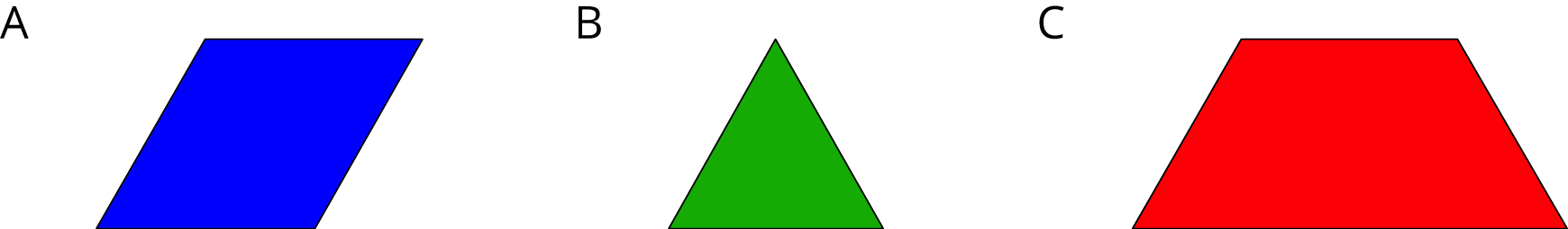 <p>Three images of pattern blocks labeled A, B, and C. A is a blue rhombus. B is a green triangle. C is a red trapezoid.  </p>
