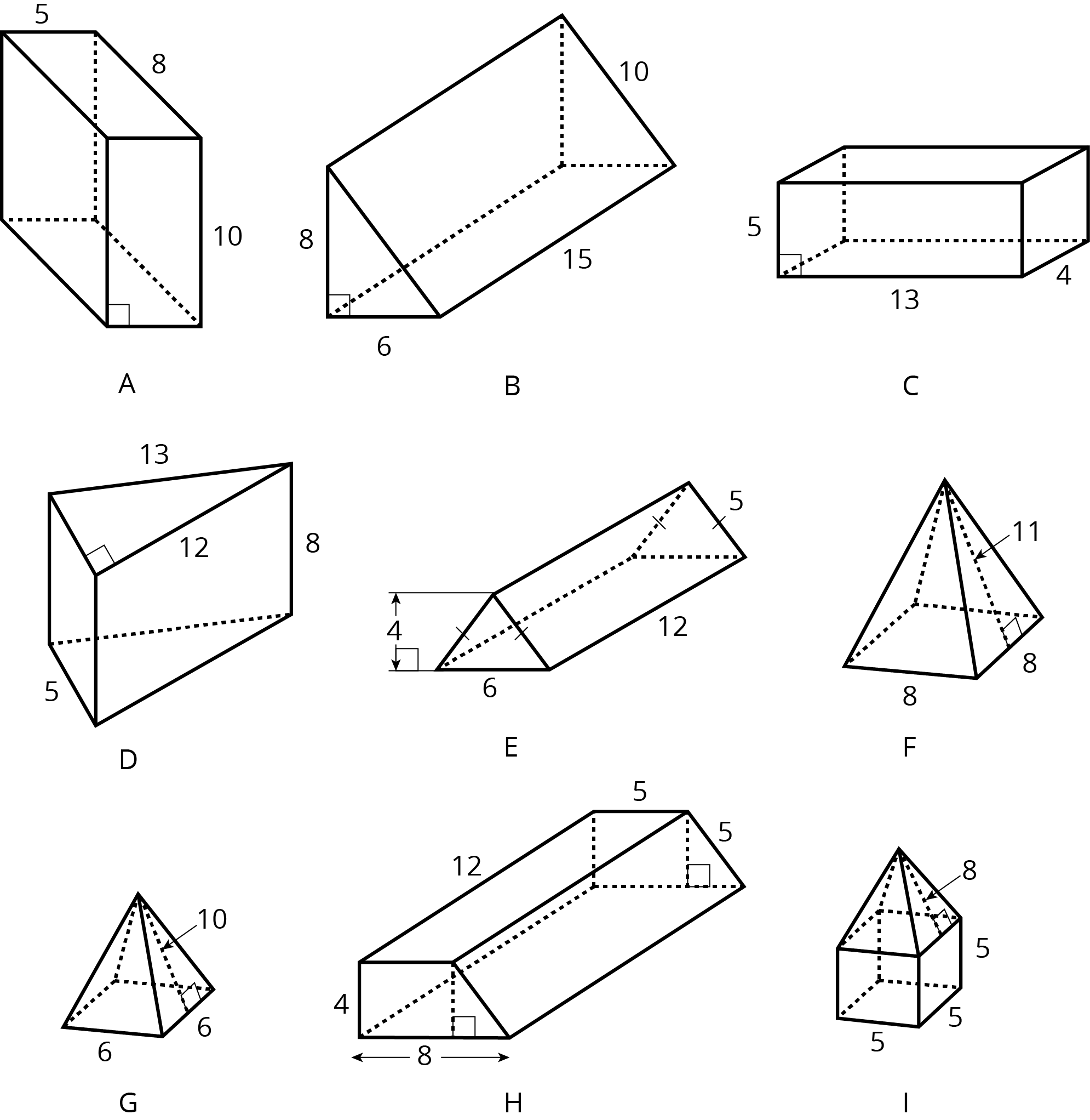 Nine polyhedra with marked side lengths labeled A--I.