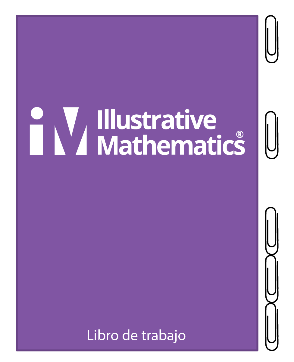 Workbook. From top to bottom on the right. 5 paper clips lined up, same size, space between some paper clips.