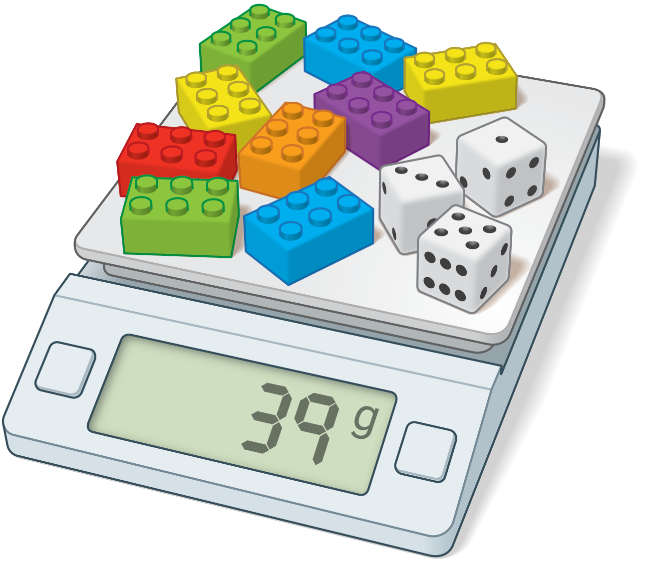 <p>Picture of 9 plastic building blocks and 3 number cubes on a scale, weight 39 grams.</p>
