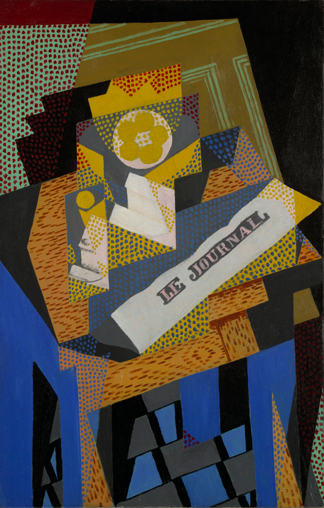 <p>Painting. Many shapes and colors. Some look like pattern blocks, letters, table, bowl of cereal. </p>
