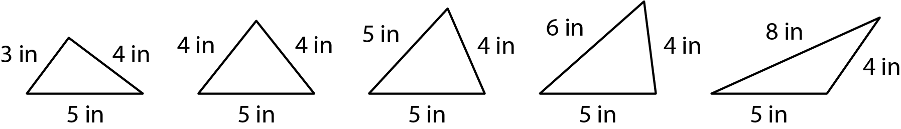 <p>Five triangles, varied side lengths.</p>
