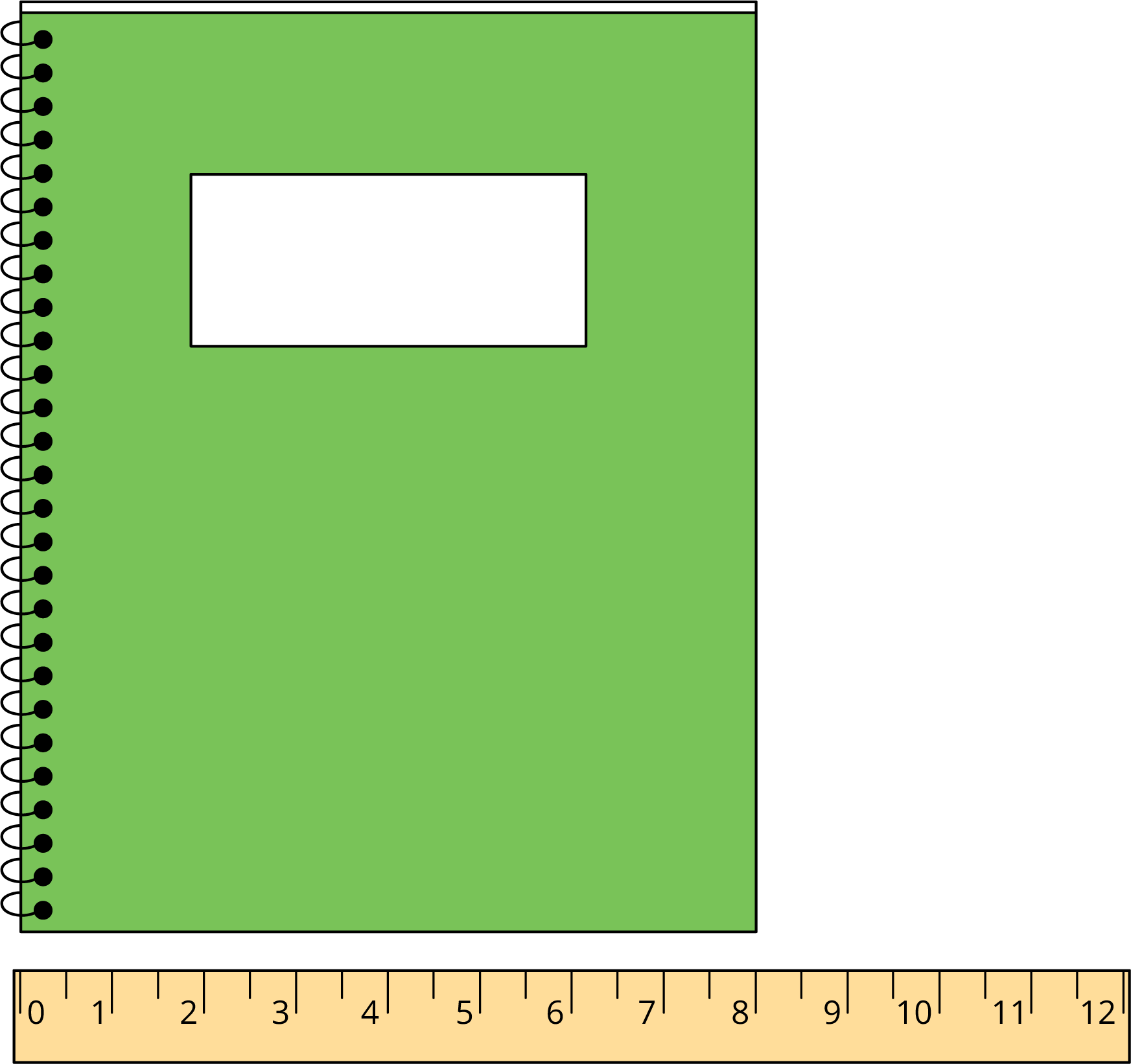 Ruler measuring short side of a spiral notebook.