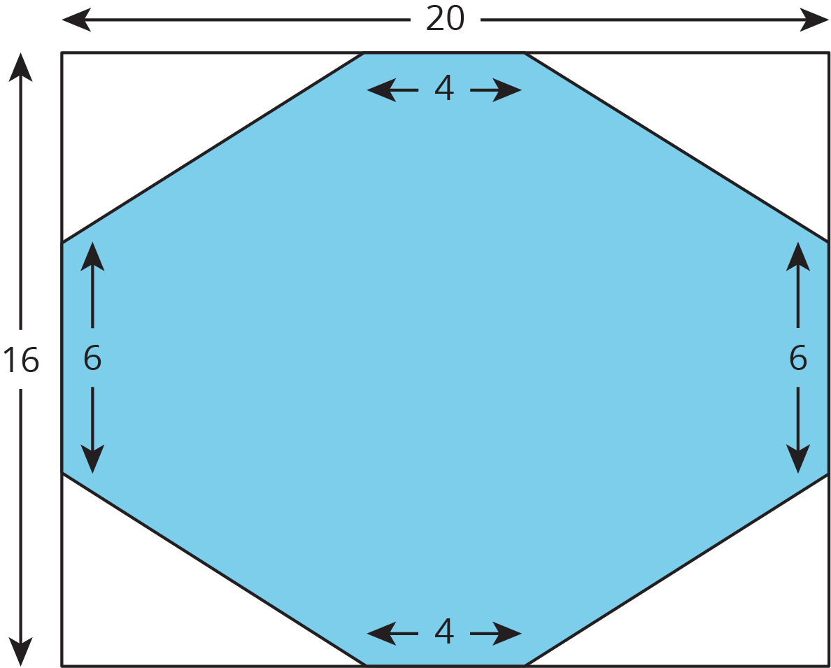 <p>A rectangle with length 20 and width 16. Cut of blue diamond shape inside rectangle. Top length 4, right side 6, bottom 4, left side 6.</p>
