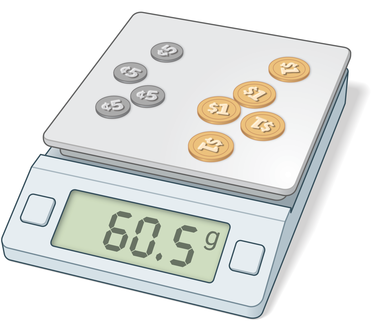 <p>Picture of 4 nickels and 5 dollar coins on a scale, weight 60 point 5 grams.</p>
