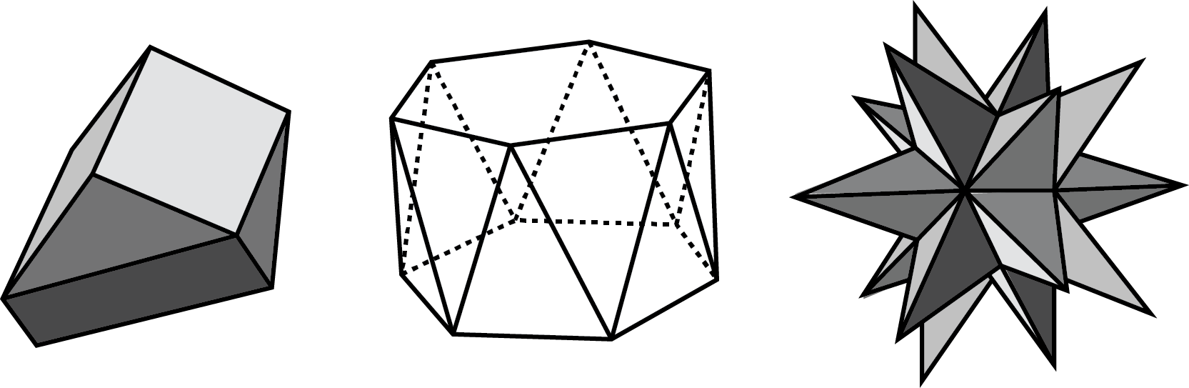 <p>3 polyhedra, from left to right shapes resemble a house, drum, and star.</p>
