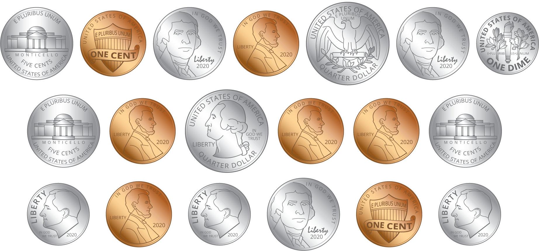 Two quarters. Four dimes. Six nickels. Seven pennies.
