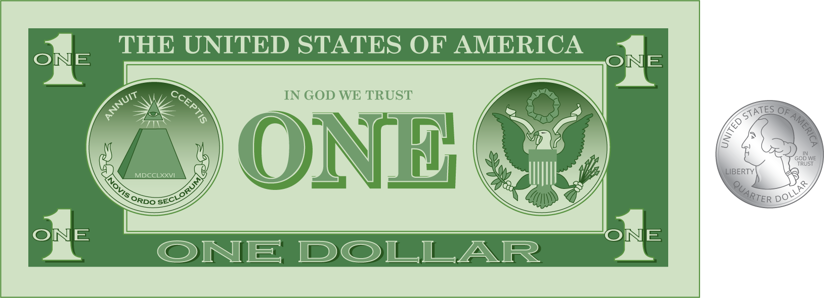 One dollar bill. One quarter.