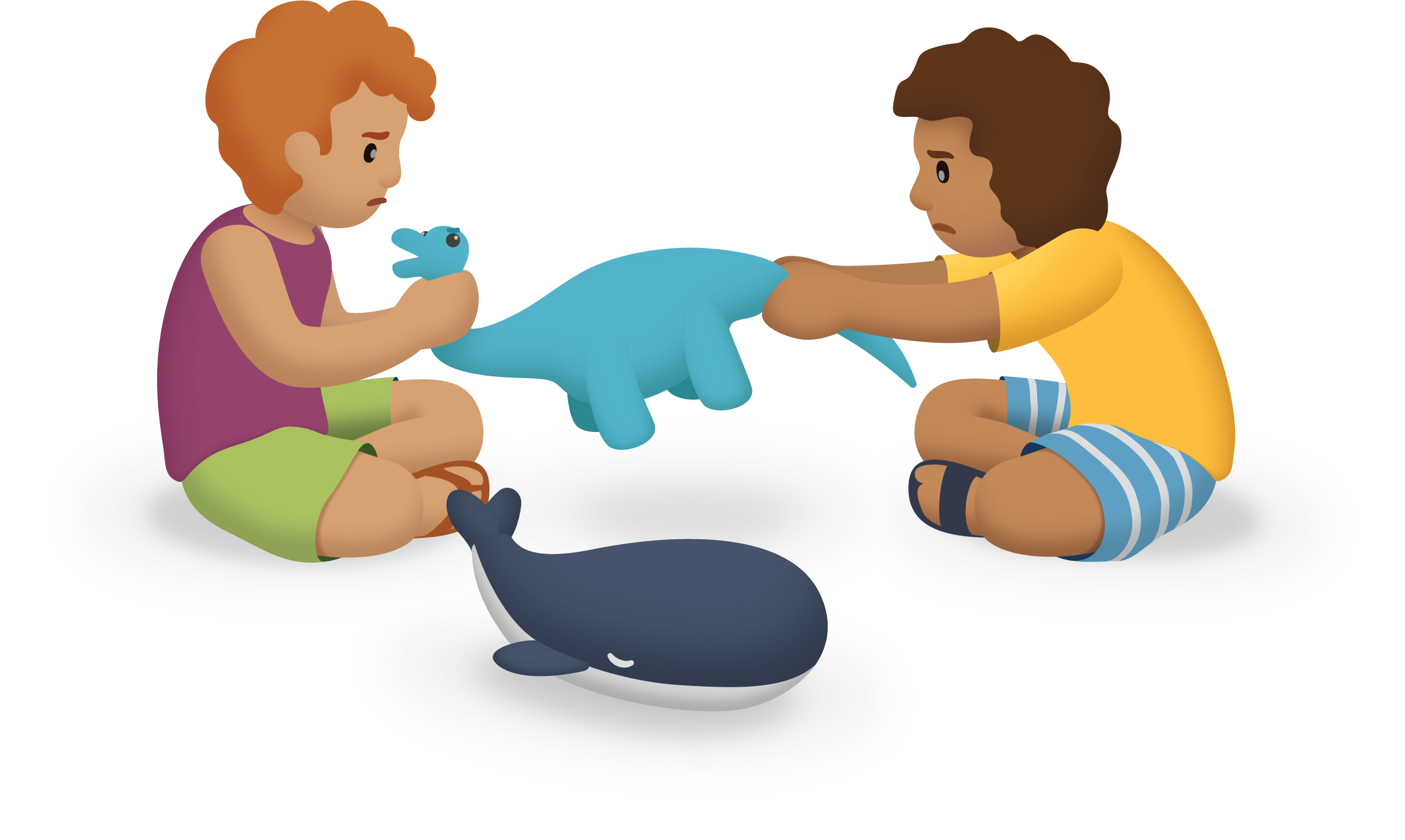 Kids fighting over toy dinosaur.