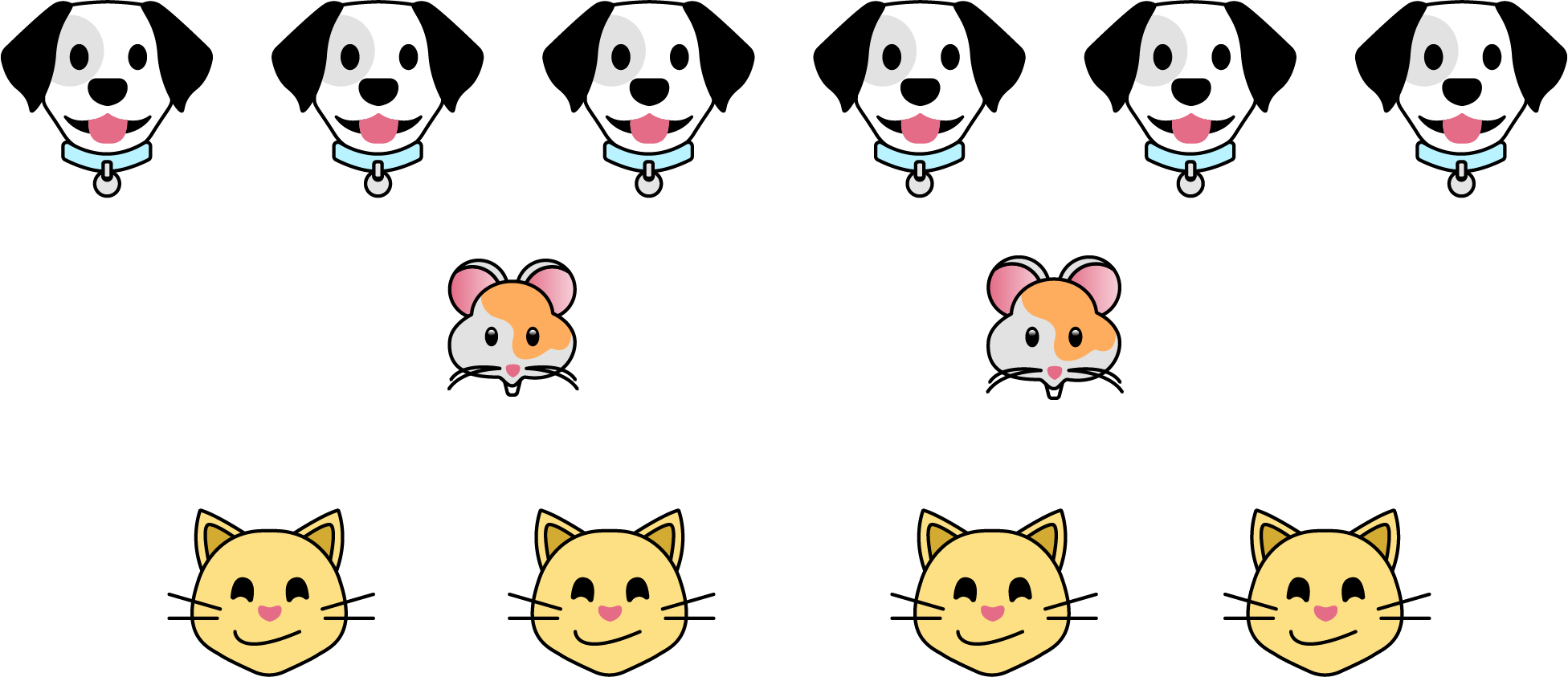 There are 6 dogs, 2 mice, and 4 cats.