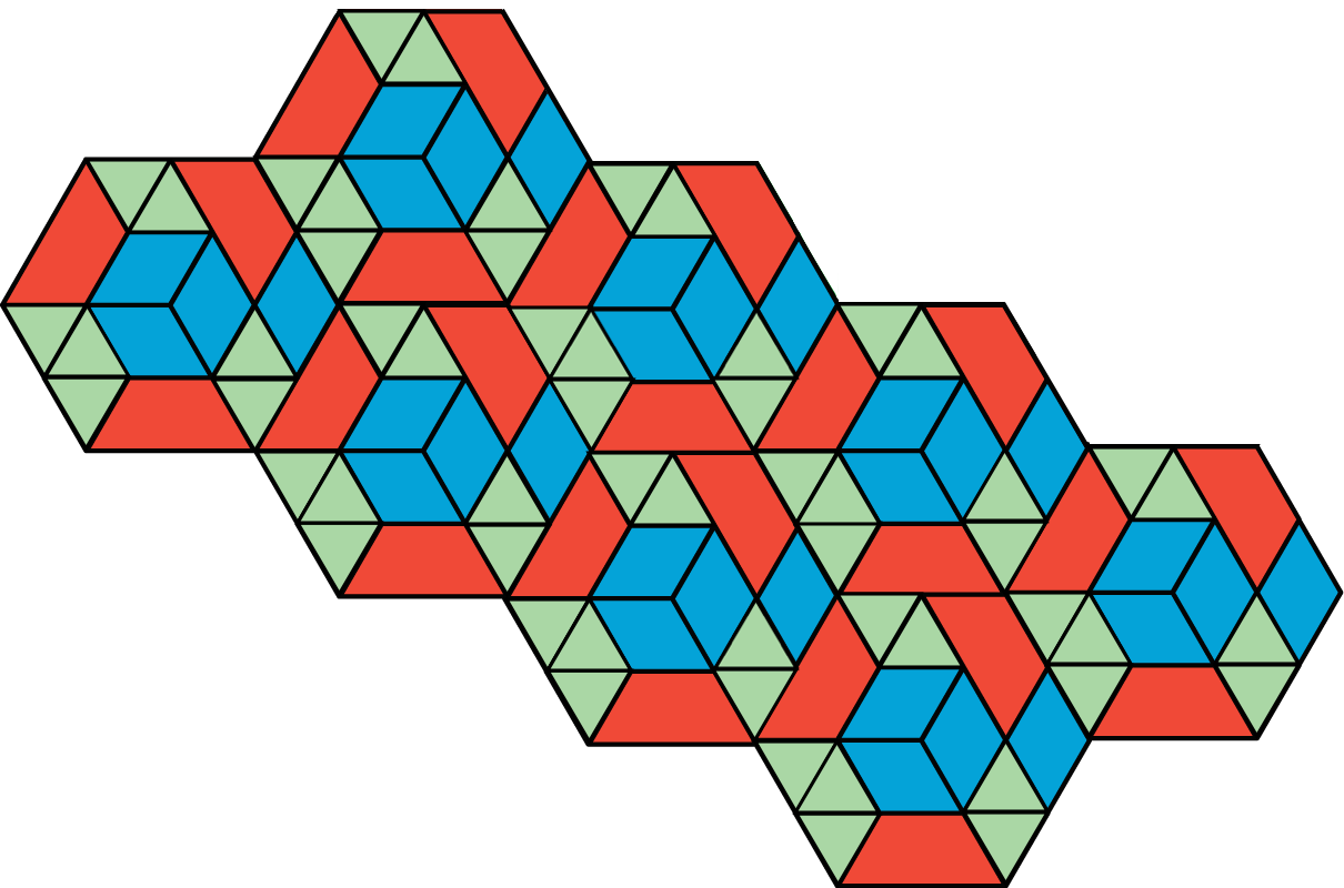 <p>A figure made up of a series of red trapezoids, blue rhombuses, and green triangles arranged into 8 hexagons.</p>
