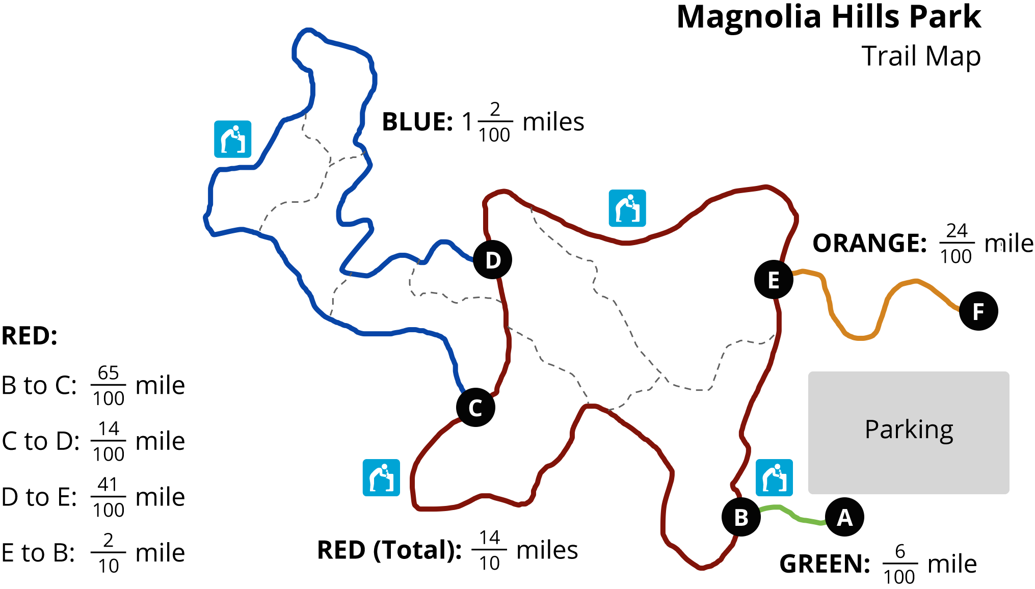 Map. Magnolia Hills Park, Trail Map. Red, Blue, Orange, Green Trails. 