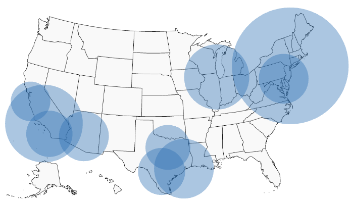 A map of the USA showing the 10 most populous cities with circles proportional to the population