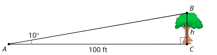 <p>Triangle A B C where B C is the height of a tree. Angle A is 10 degrees, angle C is a right angle, and segment A C is 100 feet.</p>
