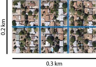 <p>A birds eye view of a neighborhood. </p>
