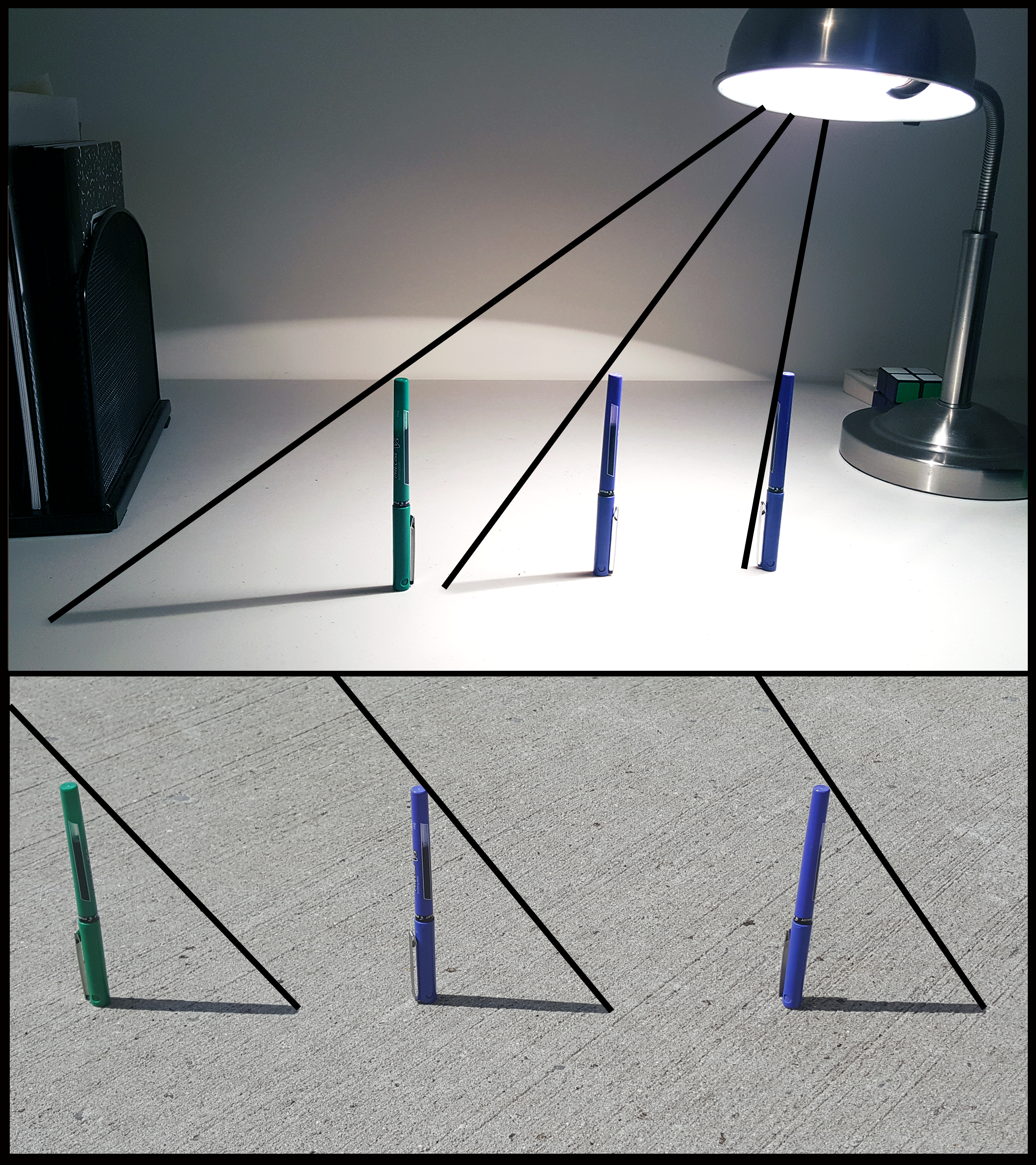 <p>photograph of pens standing up right. Right triangles drawn with pen as height and shadow from lamp as base. </p>
