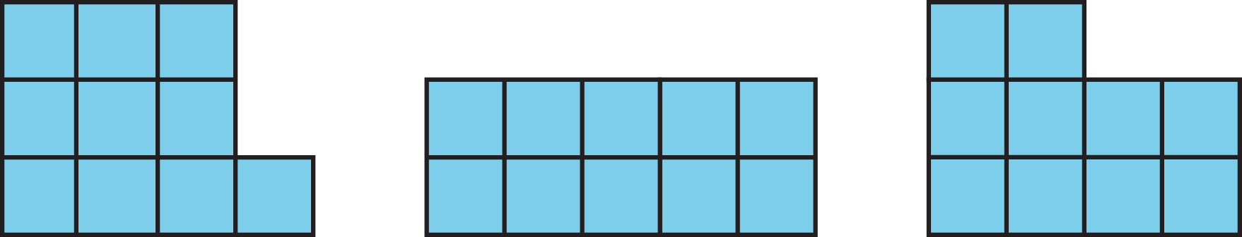 <p>10 squares arranged in 3 different shapes</p>
