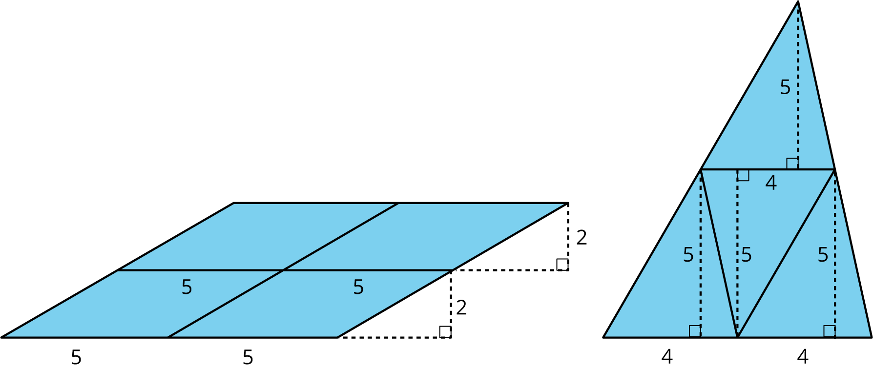 <p>Parallelogram composed of four smaller parallelograms and triangle composed of four smaller triangles.</p>
