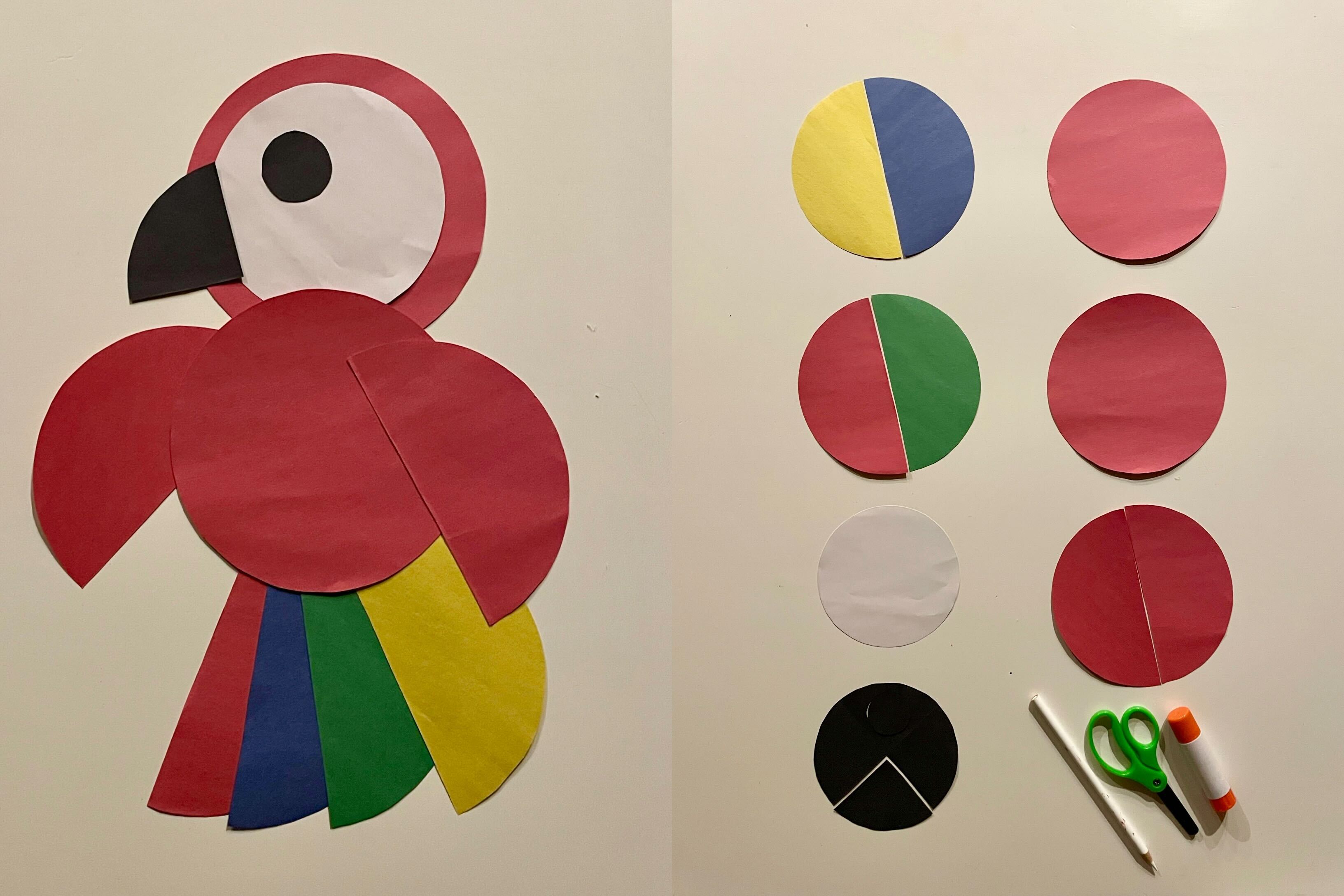 Craft project of a bird made of circle pieces  