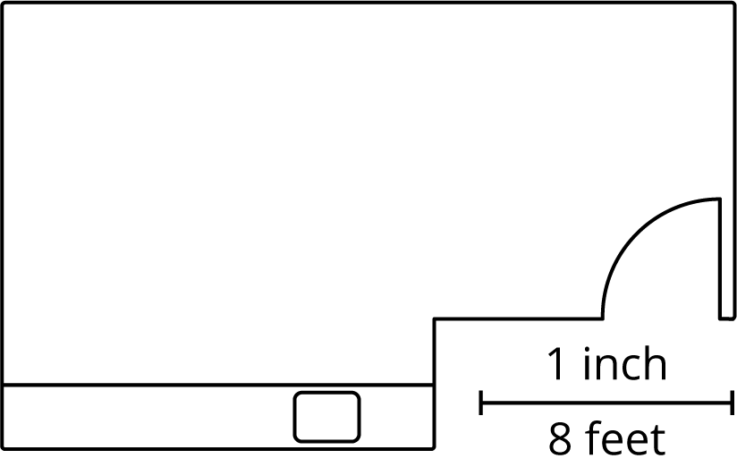 A scale drawing of a room's floor plan. A scale is shown indicating 1 inch equals 8 feet.
