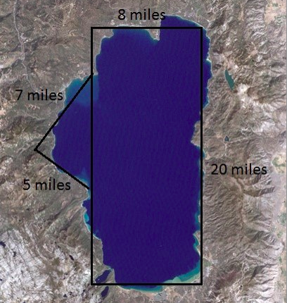 <p>Aerial photo of Lake Tahoe. Side lengths starting at top moving clockwise, 8 miles, 20 miles, unknown, unknown, 5 miles, 7 miles, unknown.</p>
