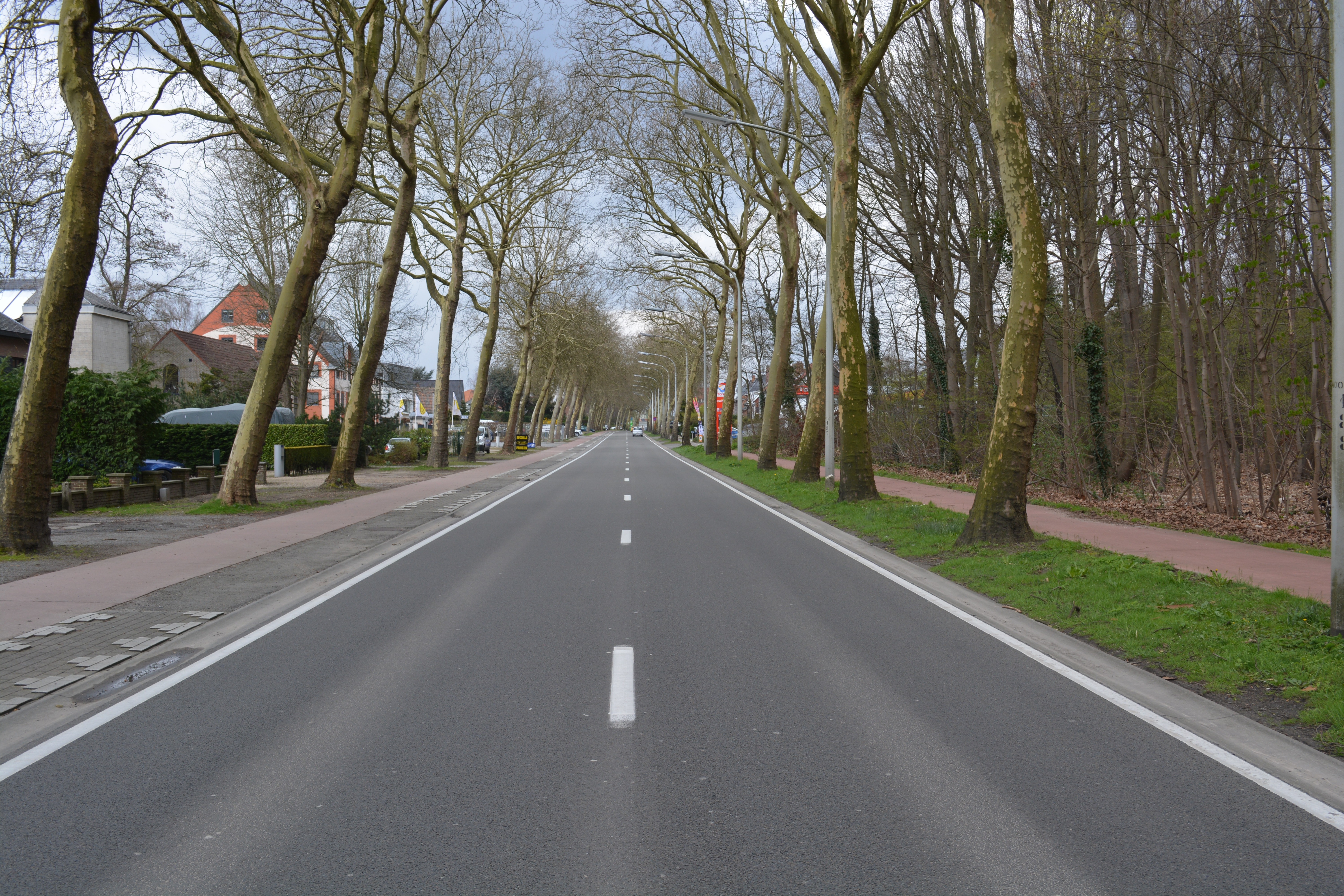 <p>A straight road in the suburbs with sidewalks on each side</p>

