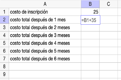 <p>Spreadsheet with rows 1 to 7 and columns A and B. Rows in column A contain sign-up fee, total cost after 1 month, total cost after 2 months, and so on until 6 months. B1 contains 25. B2 contains =B1+35.</p>
